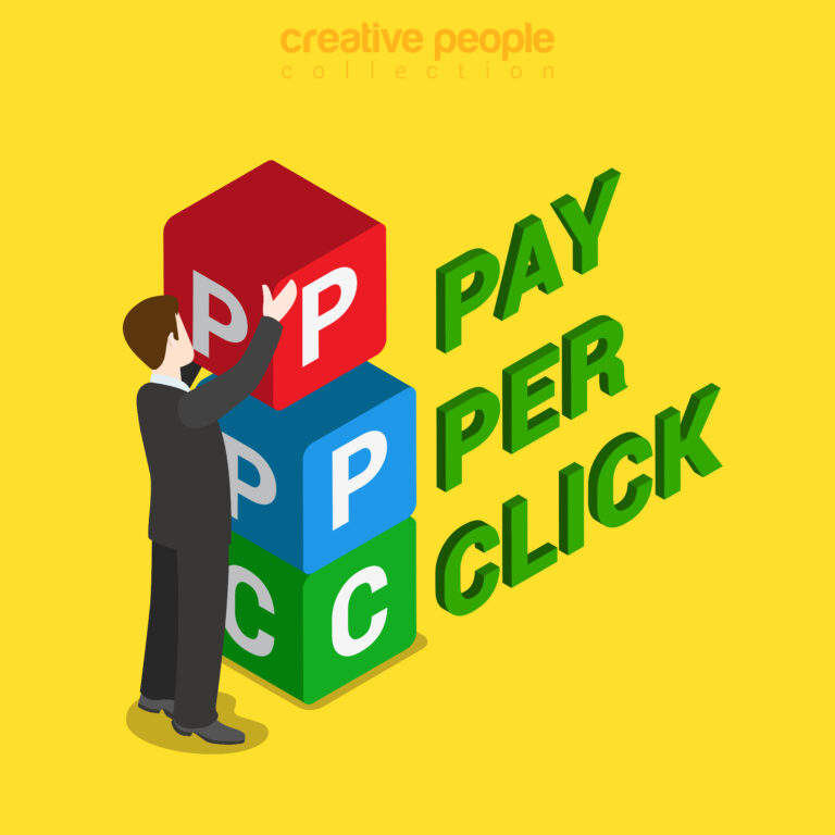 PPC pay per click flat 3d isometry isometric concept web vector illustration. Businessman placing box with P P C letters. Creative people collection.